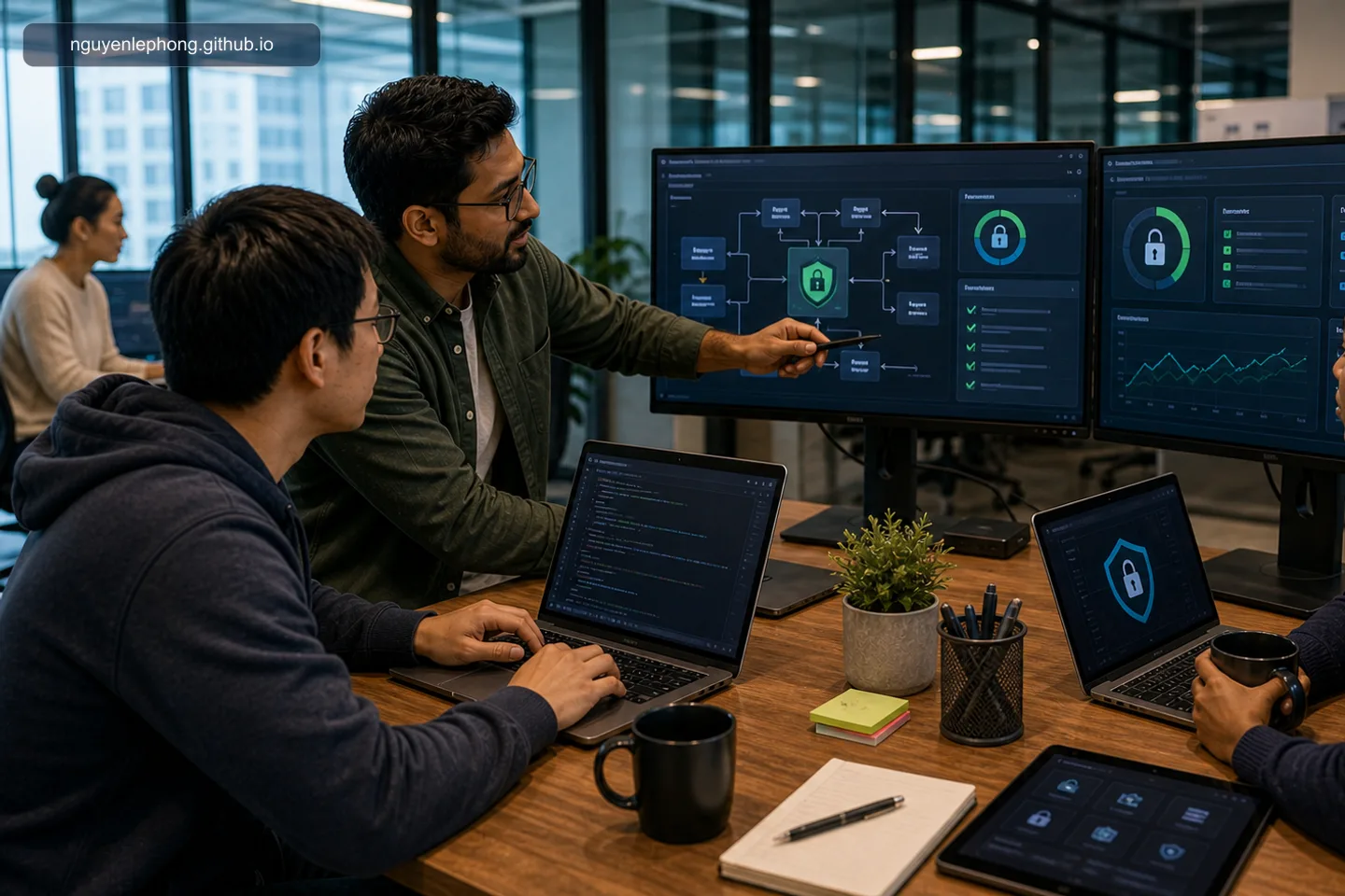 Engineers review secure-by-default guardrails on their implementation screens while building a feature together.