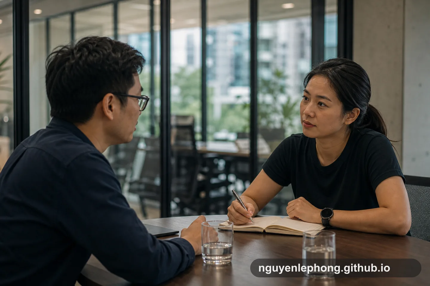 Two colleagues in a meeting room talk directly across a small table, with notebooks open and laptops set aside.