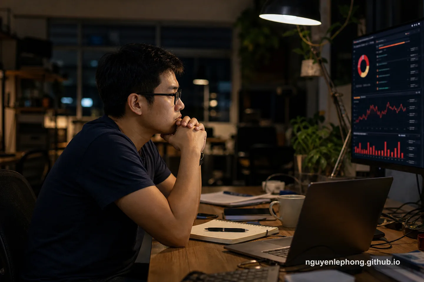 A Vietnamese software engineer sits back from the keyboard at night, studying alert charts and notes before acting.