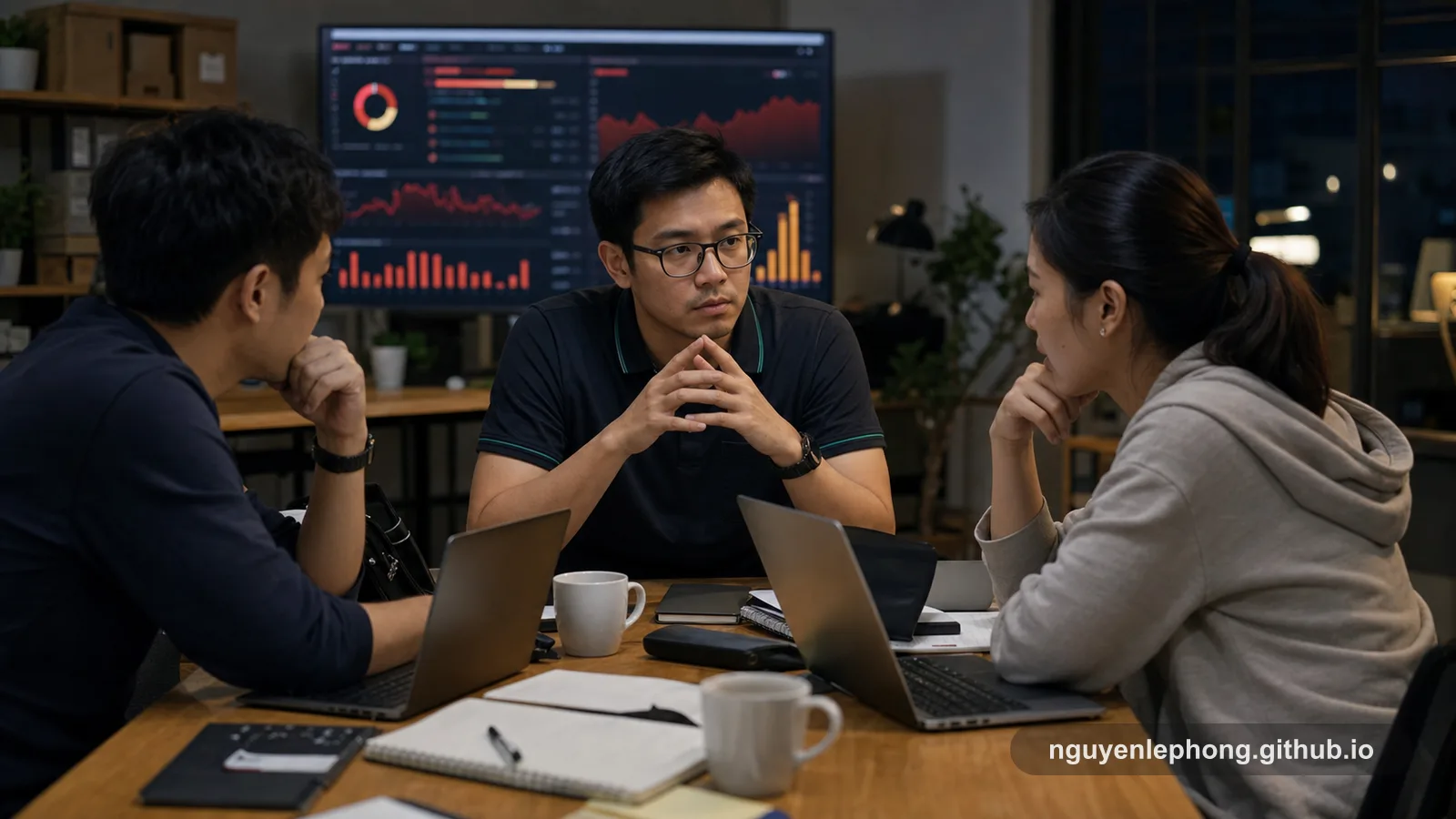 A calm Vietnamese engineering lead pauses an incident discussion with two teammates while alert charts glow behind them.