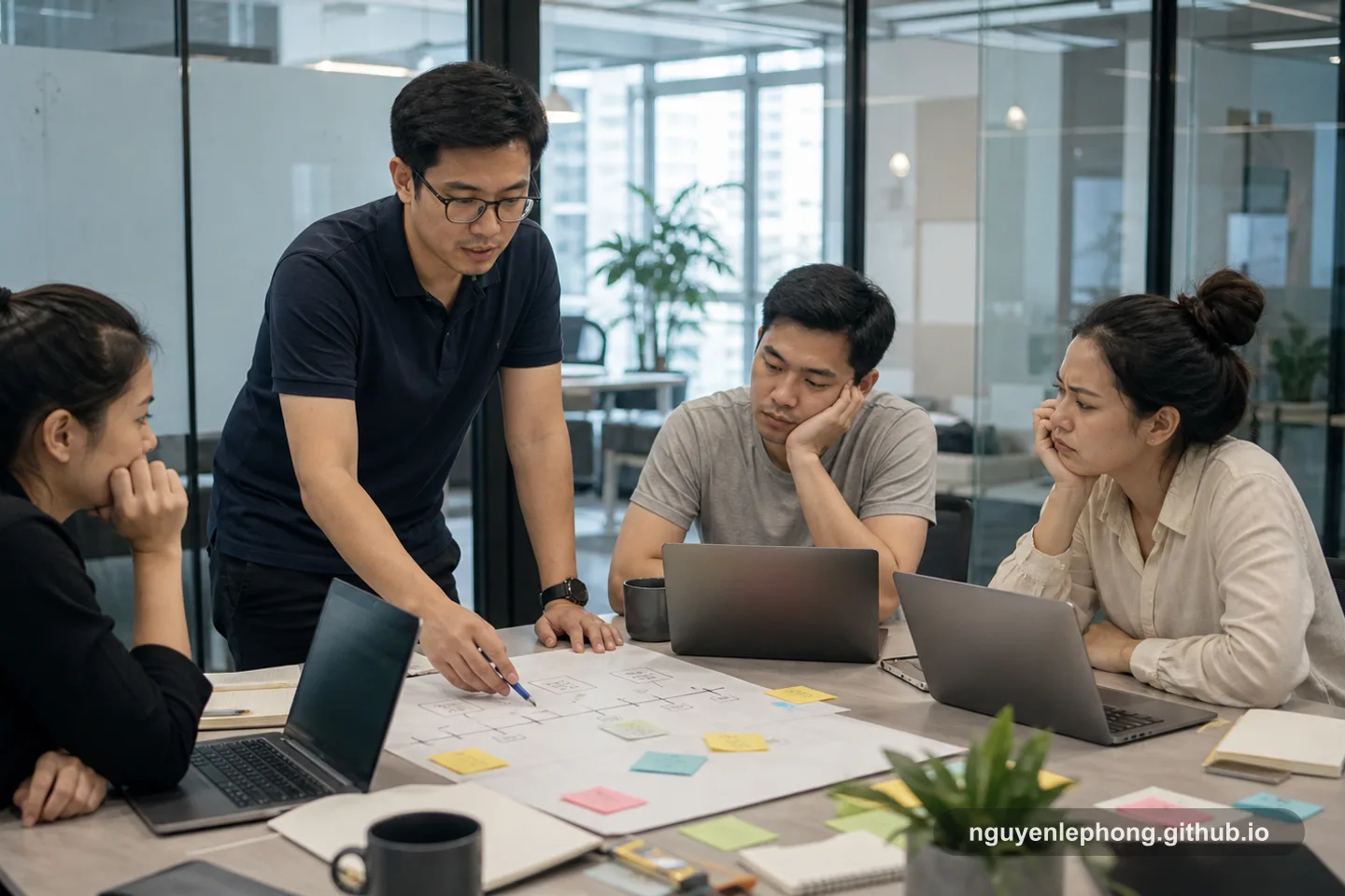 A Vietnamese team lead maps observations for three colleagues in a meeting where the room wants a faster decision.
