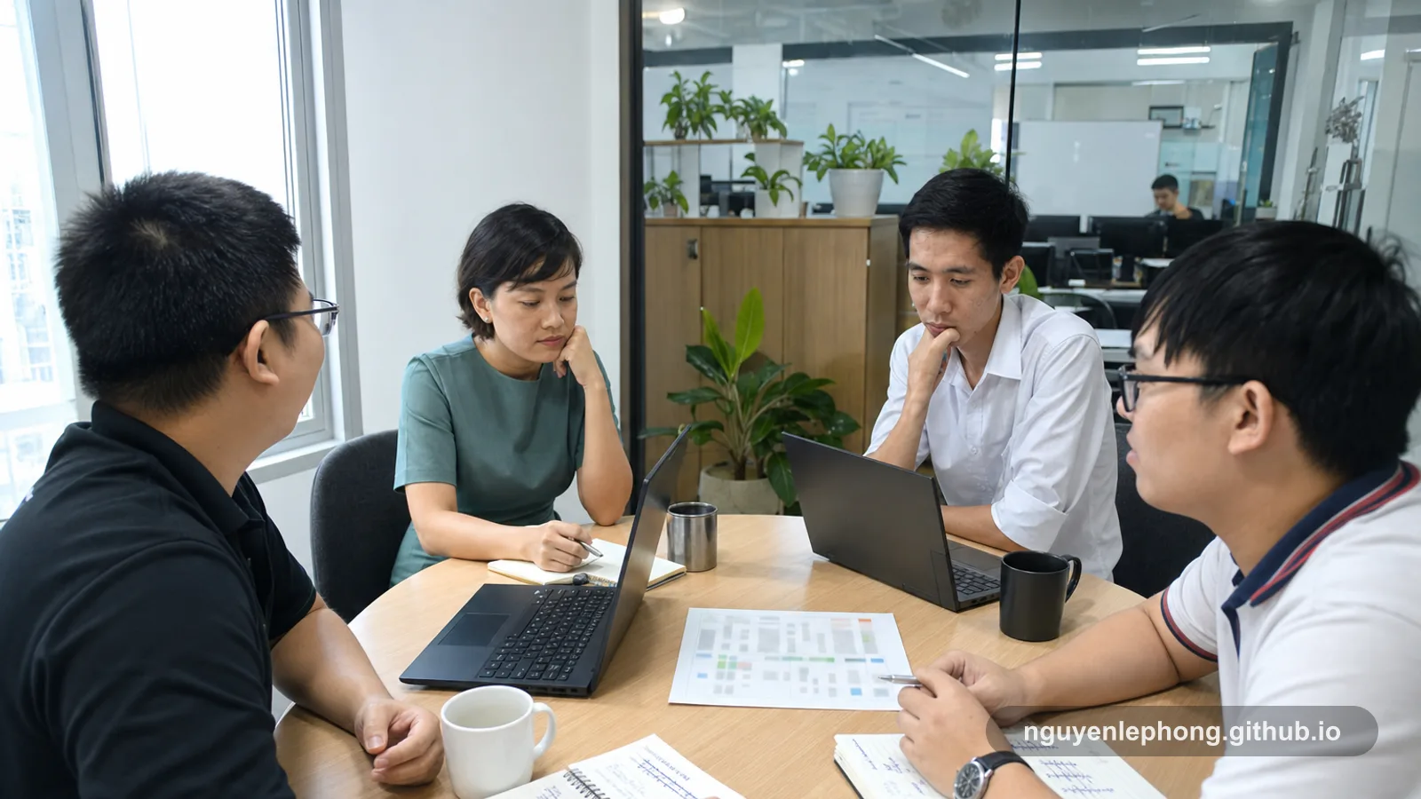 A Vietnamese software team studies a blurred planning sheet and notebooks around a table before committing to an estimate.