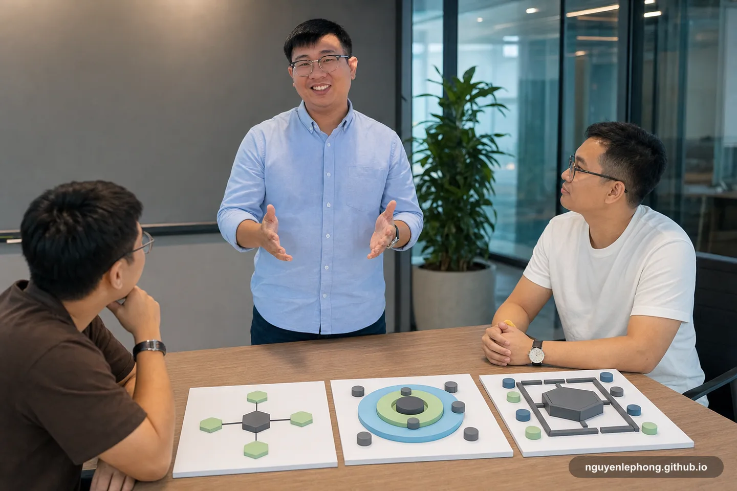 Ba kỹ sư cùng xem các mô hình kiến trúc để chọn cấu trúc phù hợp với quy mô team đang lớn lên.