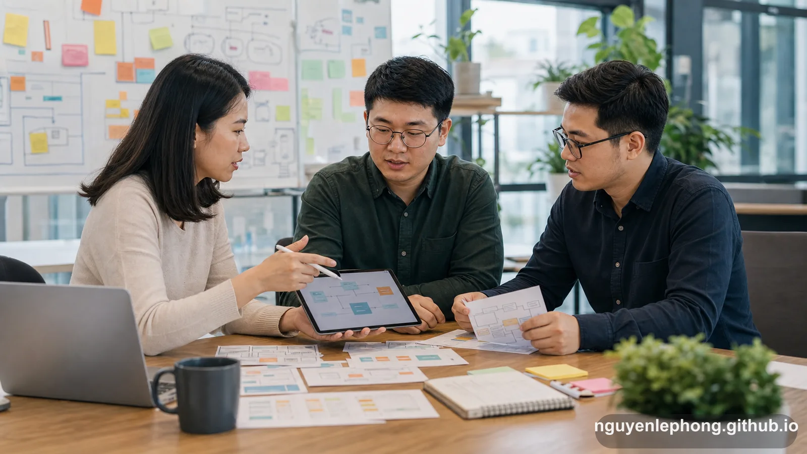Phong cùng hai đồng đội so sánh luồng trên tablet, sơ đồ in giấy và các thẻ workflow trừu tượng để biến nhiều phương pháp phát triển thành một kế hoạch chung rõ ràng.