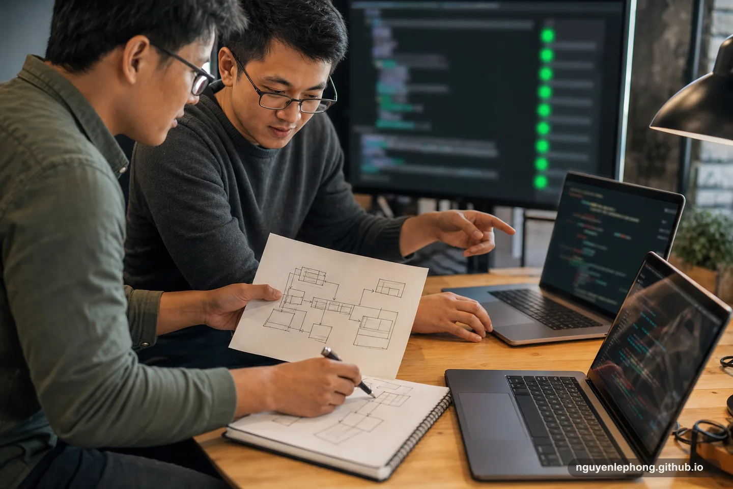 Hai người đối chiếu sơ đồ khối trên giấy với code hiển thị trên nhiều màn hình.