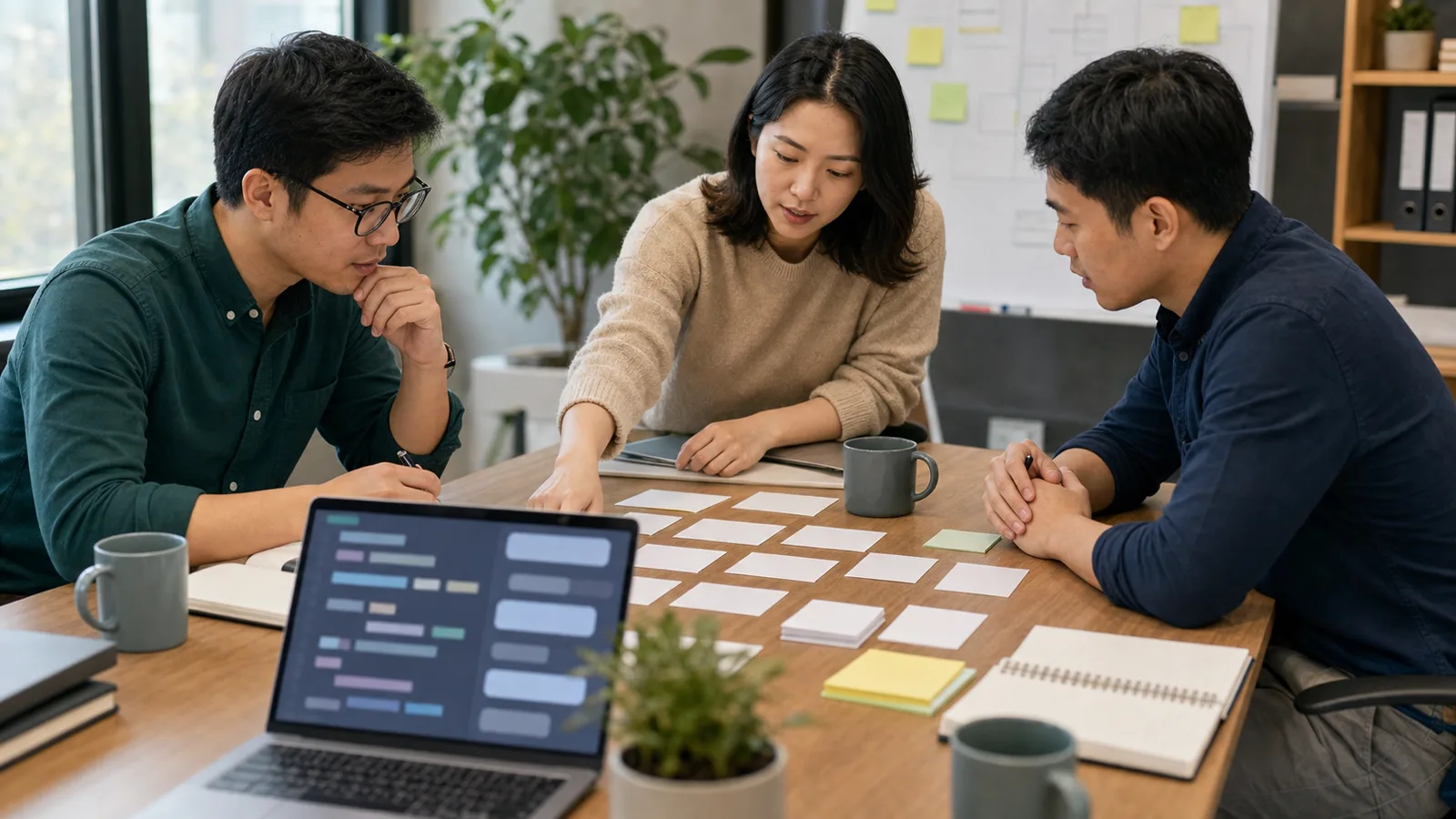Three teammates calmly review blank cards and an abstract code screen during a small office review.