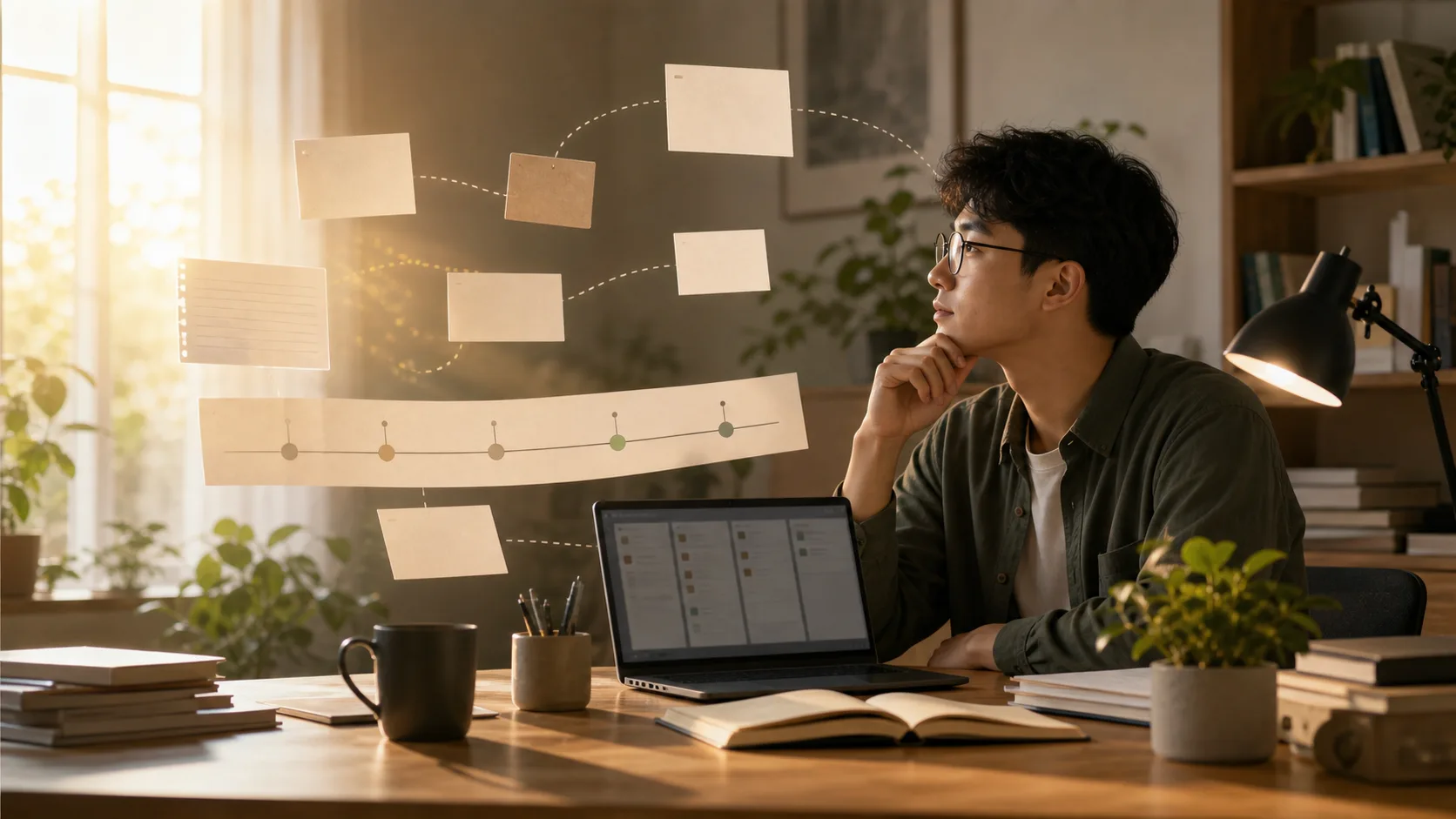 A person waits at a desk while blank note cards and a simple timeline gather in warm morning light.