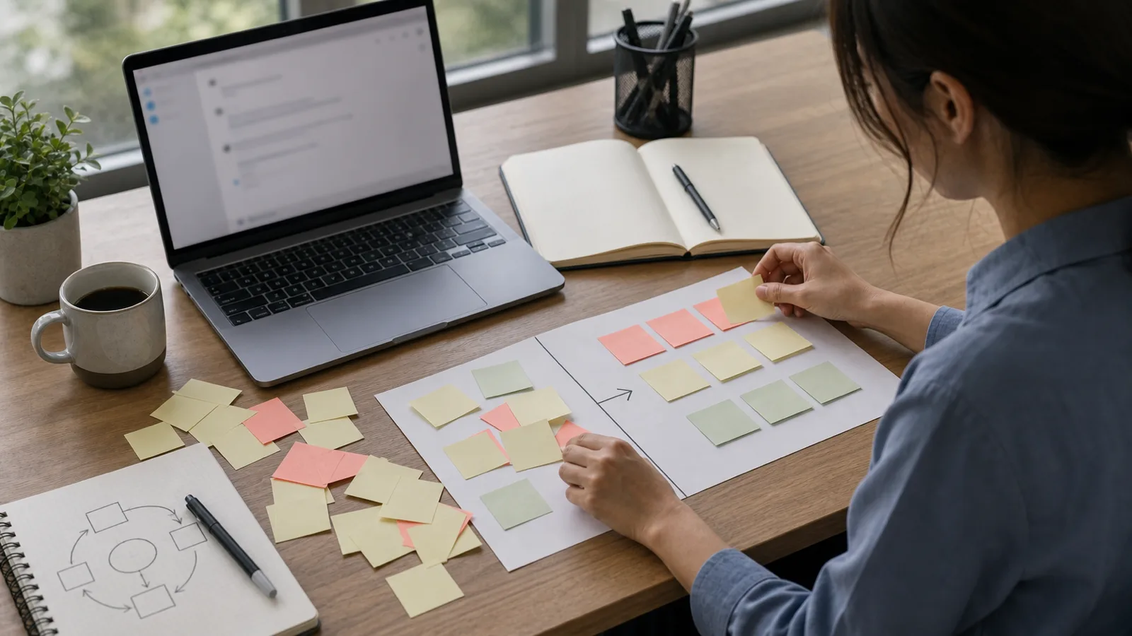 Một người bình tĩnh sắp xếp lại sticky notes rời rạc thành hai nhóm rõ hơn bên cạnh laptop và notebook.