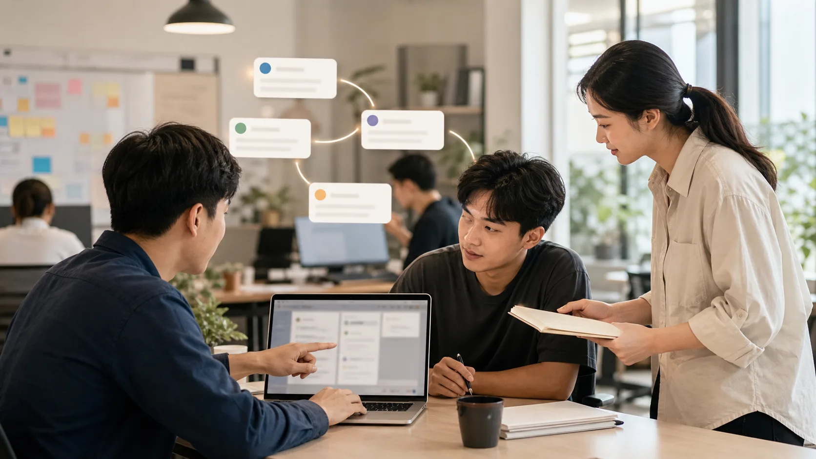 Một teammate hỏi giúp ở bàn làm việc chung trong khi các support card trừu tượng nối với nhau phía trên laptop mờ.