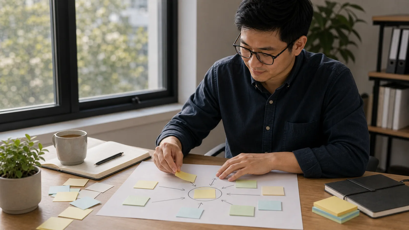 Một người gom các sticky note trống rải rác vào một vòng tròn trung tâm rõ ràng có mũi tên trên bàn.