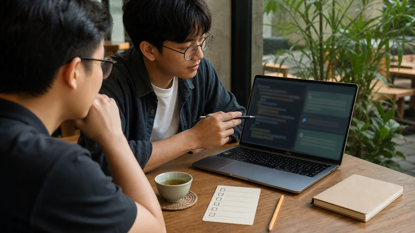 Một người review pull request một cách bình tĩnh trong khi đồng đội ngồi cạnh với ghi chú.