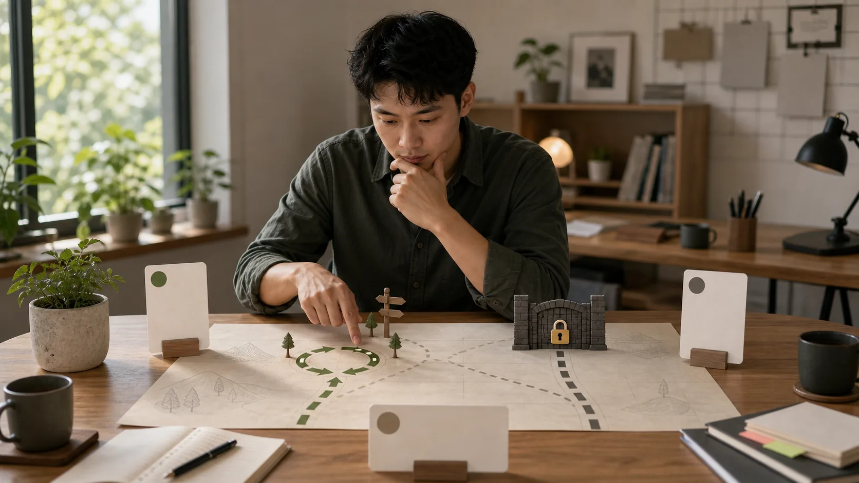 Một góc bàn yên tĩnh với hai decision path được đánh dấu rõ, một rollback note và một calendar checkpoint nhỏ.