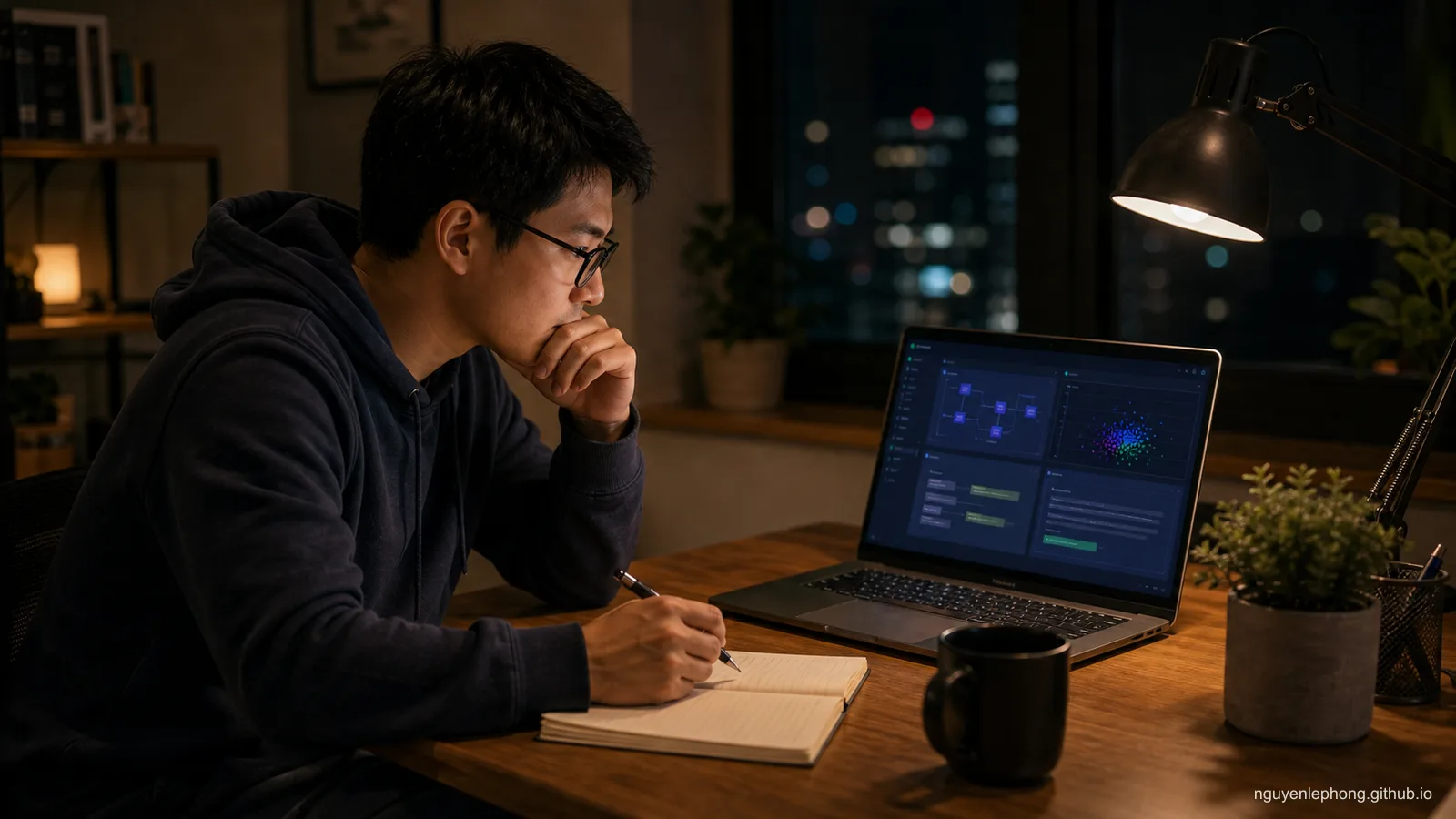 A person studies tech late at night at a small desk, moving patiently toward a new professional identity.