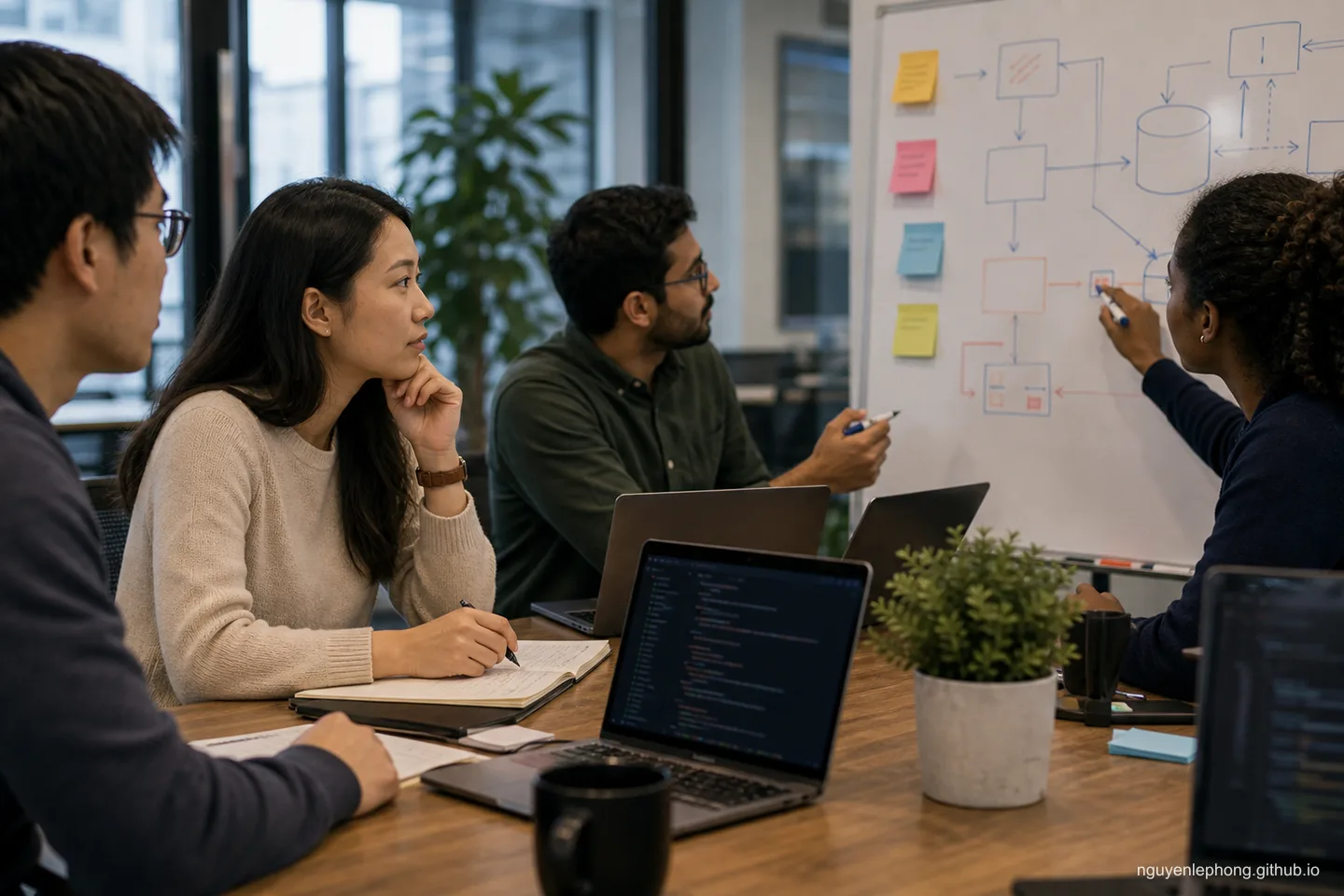 A professional contributes thoughtfully in a product and engineering discussion, bringing prior judgment into a newer technical language.