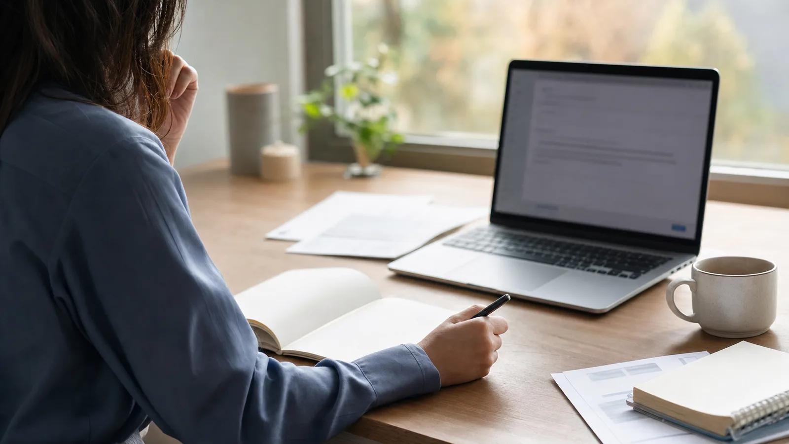 A thoughtful professional pauses at a quiet desk with a notebook, coffee, and a blurred message draft before replying.