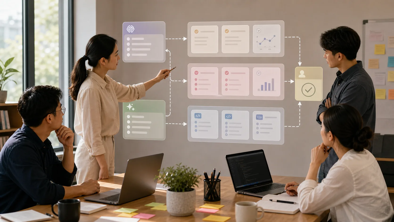 A developer workspace with AI draft notes, log snippets, test results, and evidence cards arranged on a review board.