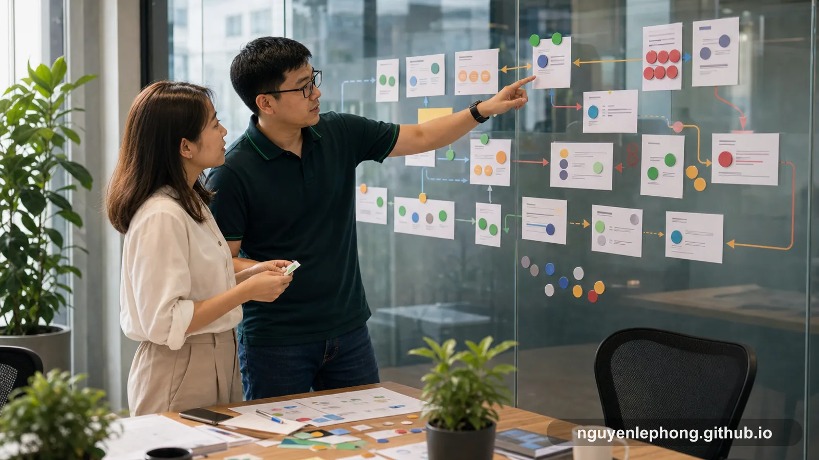 Nguyen Le Phong cùng một đồng đội product ráp các trạng thái event bị trễ trên vách kính đầy thẻ và mũi tên để trạng thái order và payment tạm thời vẫn còn hiểu được.