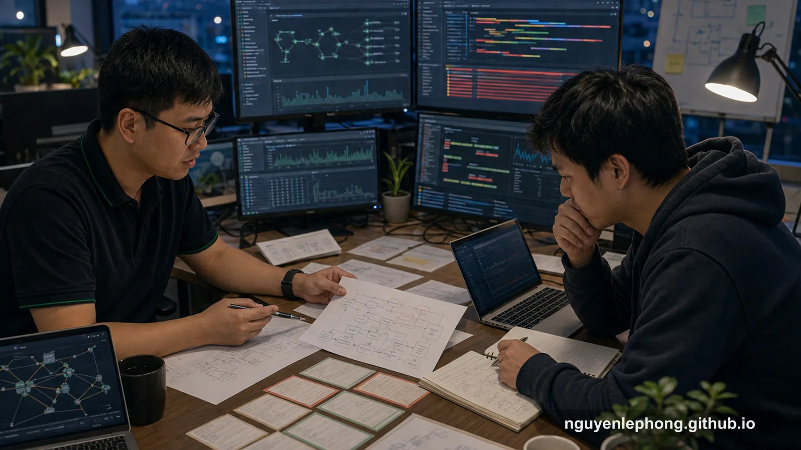Nguyen Le Phong cùng một đồng đội platform ngồi dưới ánh màn hình lúc chạng vạng, lần theo dashboard service, alert timeline và sơ đồ kiến trúc trải khắp bàn.