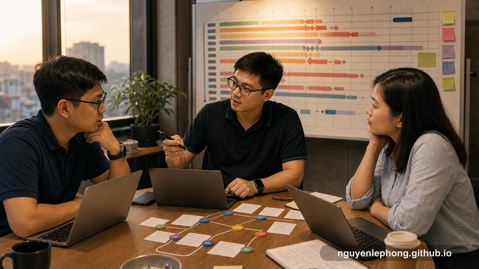 Nguyen Le Phong trao đổi với hai đồng đội quanh bàn release planning, phía sau là một lịch phụ thuộc và các thẻ service phủ kín trên tường.