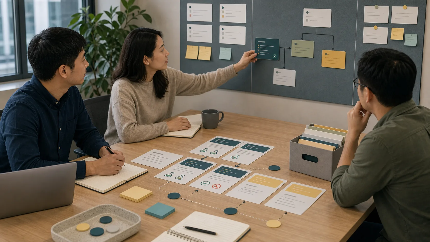 A team reviews evidence cards, decision notes, screenshots, and reusable checklists on a calm project memory board.