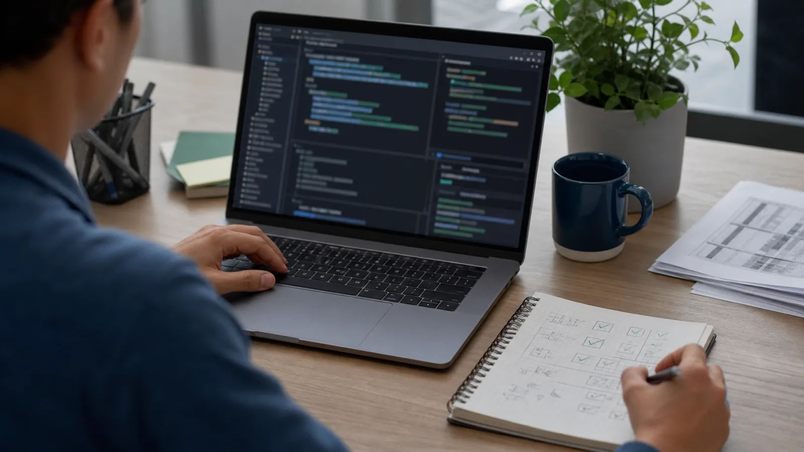 An engineer compares an abstract AI-assisted code suggestion with test notes and blurred logs at a quiet desk.
