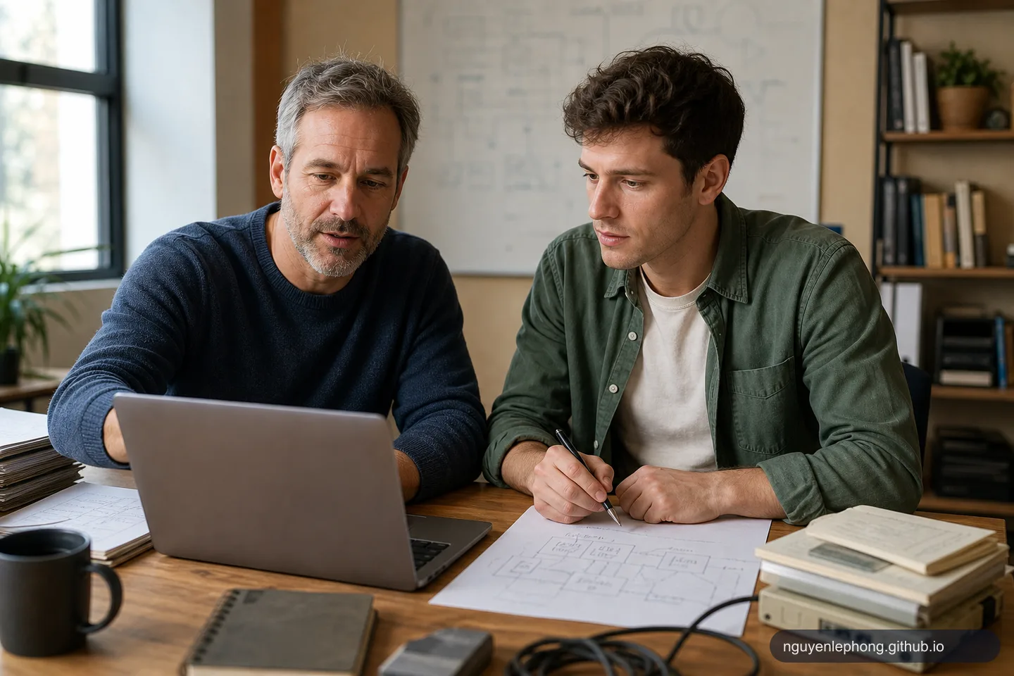 A senior engineer and a new teammate review a mature codebase together with notes, diagrams, and familiar tooling on the desk.