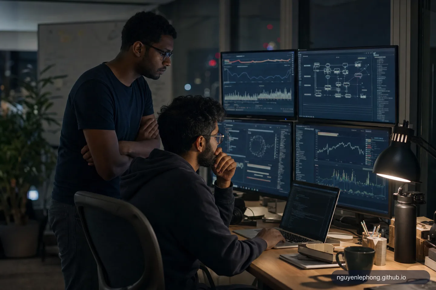 Two engineers work through a midnight production slowdown in front of familiar dashboards, traces, and query graphs.