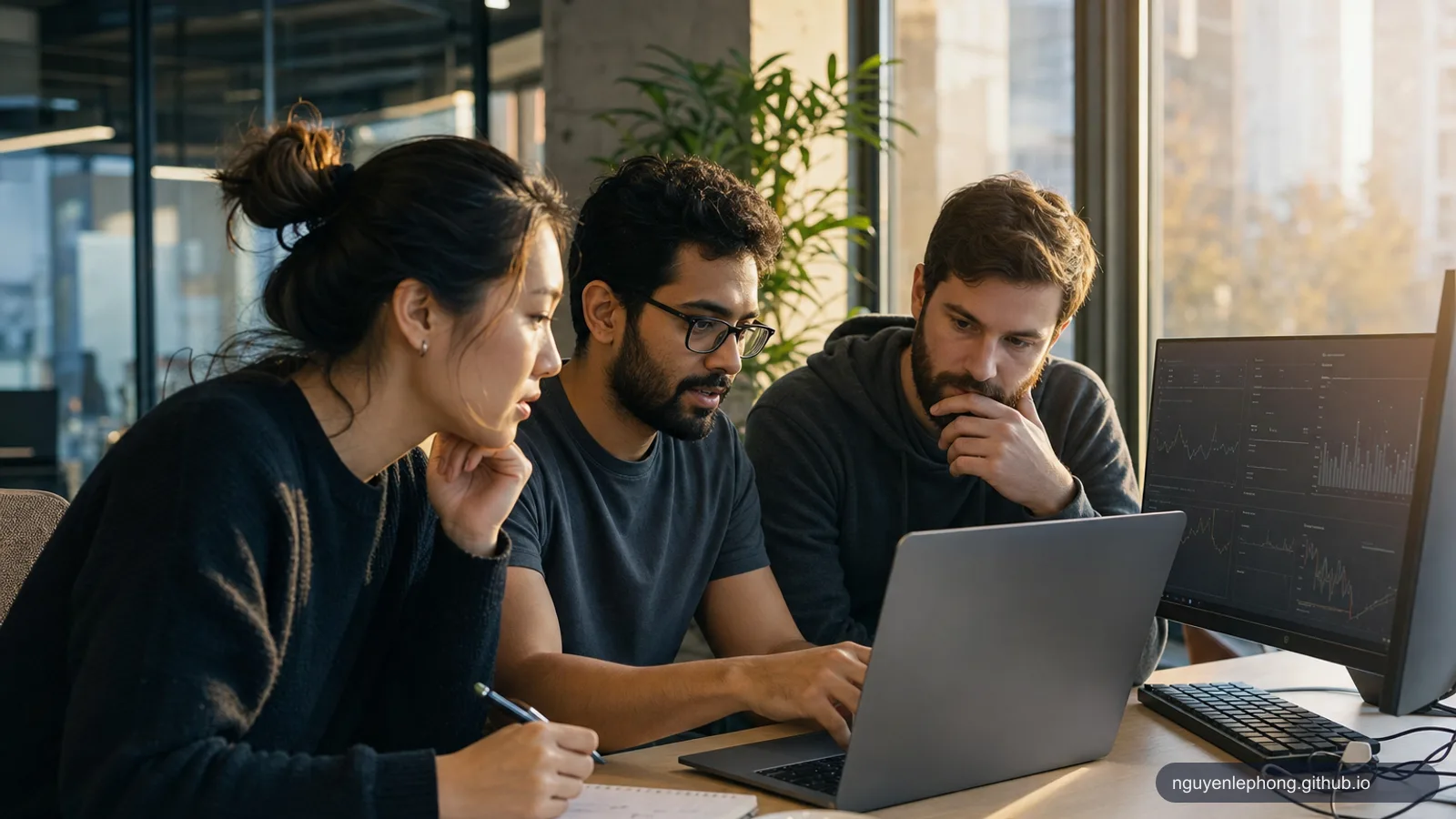 Three software engineers review a small pre-release issue together at a shared desk with a coffee cup, checklist, and familiar monitoring screens nearby.