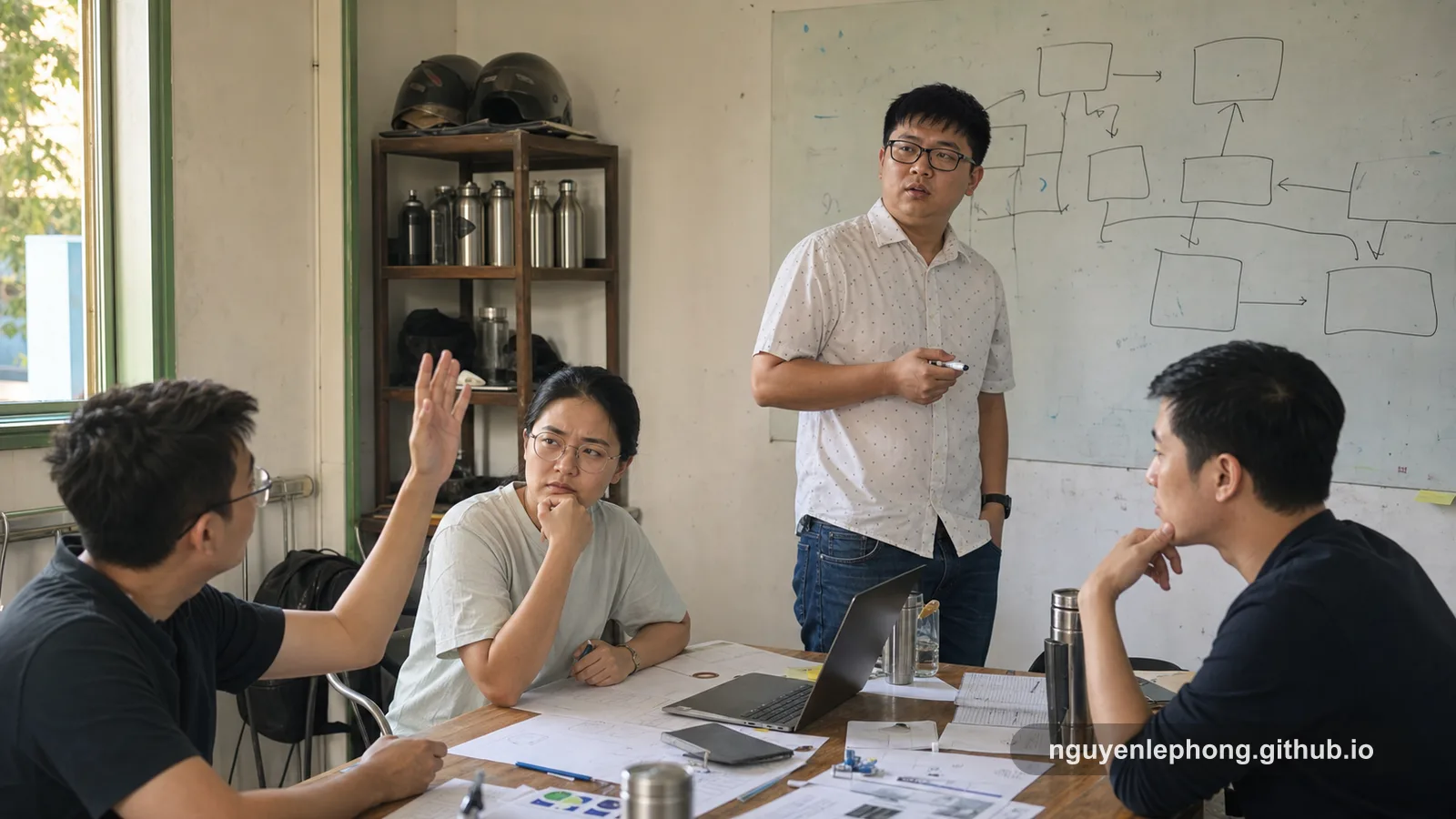 A Vietnamese engineering lead pauses in a modest kickoff room while a teammate raises a practical question and the rest of the table weighs the answer.