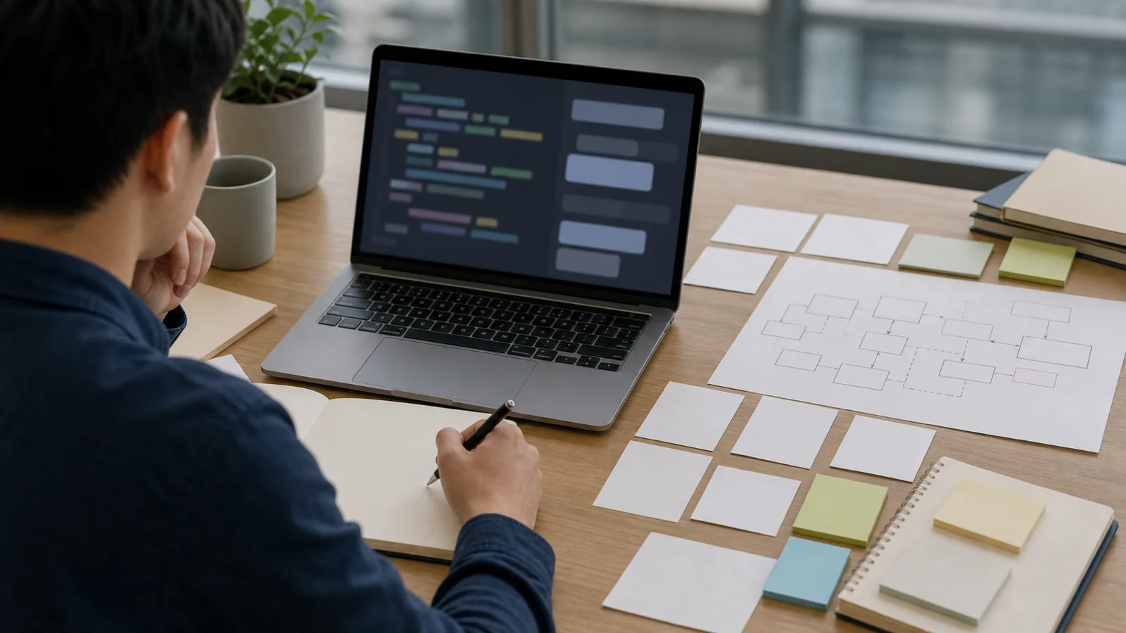 Một engineer nhìn laptop có các khối code trừu tượng trong khi các thẻ trống và system sketch nằm cạnh trên bàn.