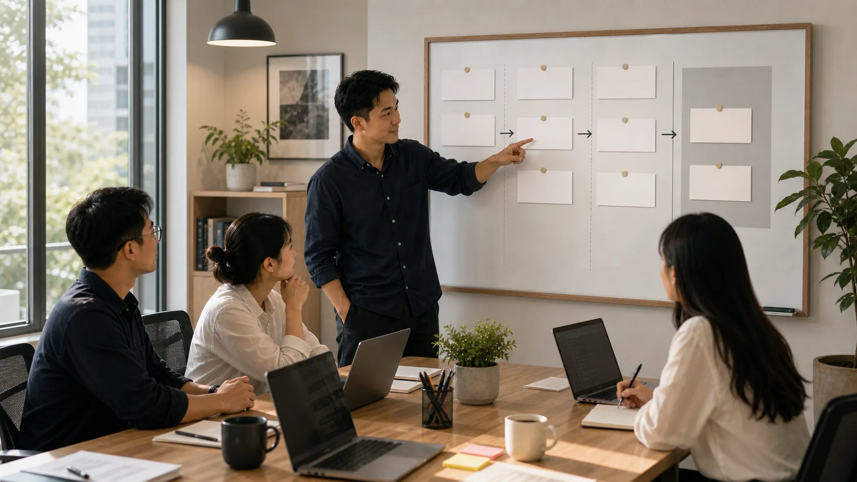 A project owner explains a blank handoff board to teammates in a calm modern office.