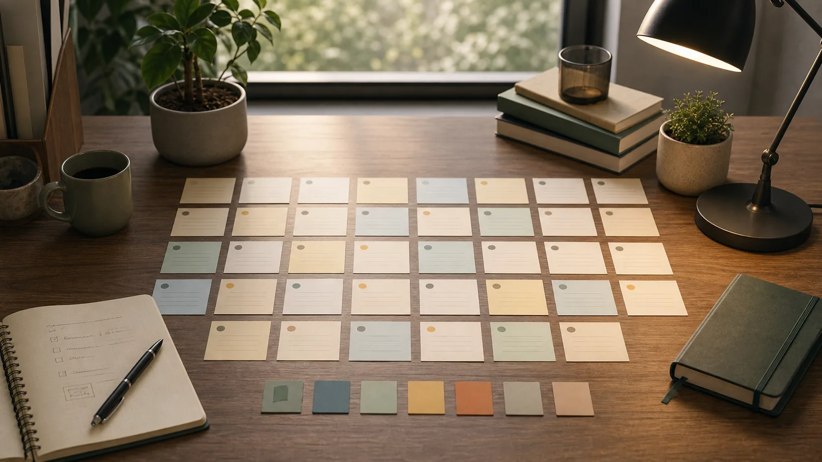 A quiet desk with thirty small note cards arranged by day, notebooks, soft light, and subtle patterns emerging across the month.