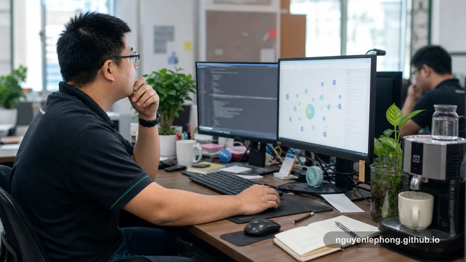 A software engineer studies an AI-generated diagnosis beside live code and a blurred teammate in a busy office, pausing before trusting the answer.