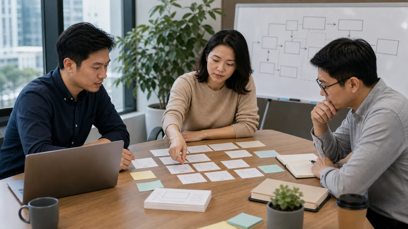 A small engineering team reviews blank interface cards and simple architecture boxes at a wooden office table.