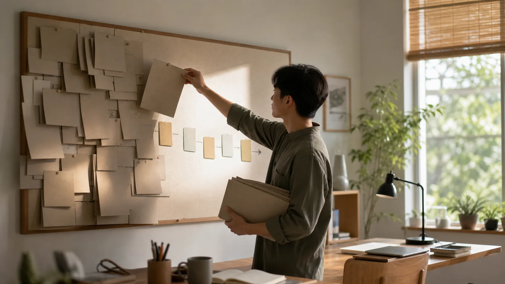 A person removes blank paper blocks from a crowded project board, revealing a clearer path of simple cards.