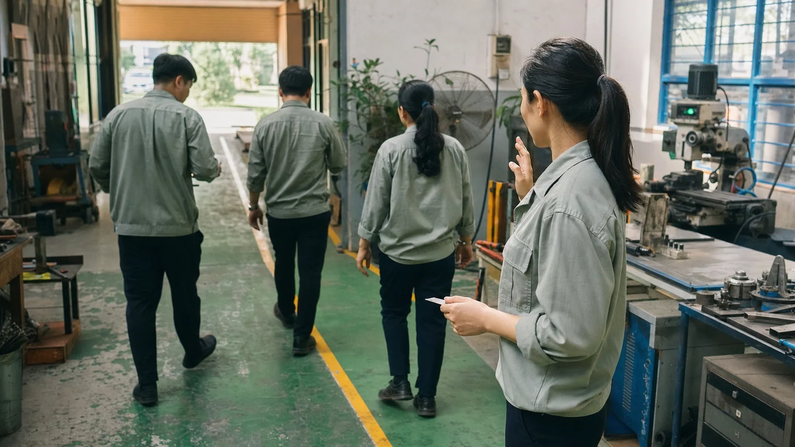 Một người trong xưởng đứng chậm lại phía sau, tay mới giơ nửa chừng sau khi thấy điều cả nhóm bỏ sót.