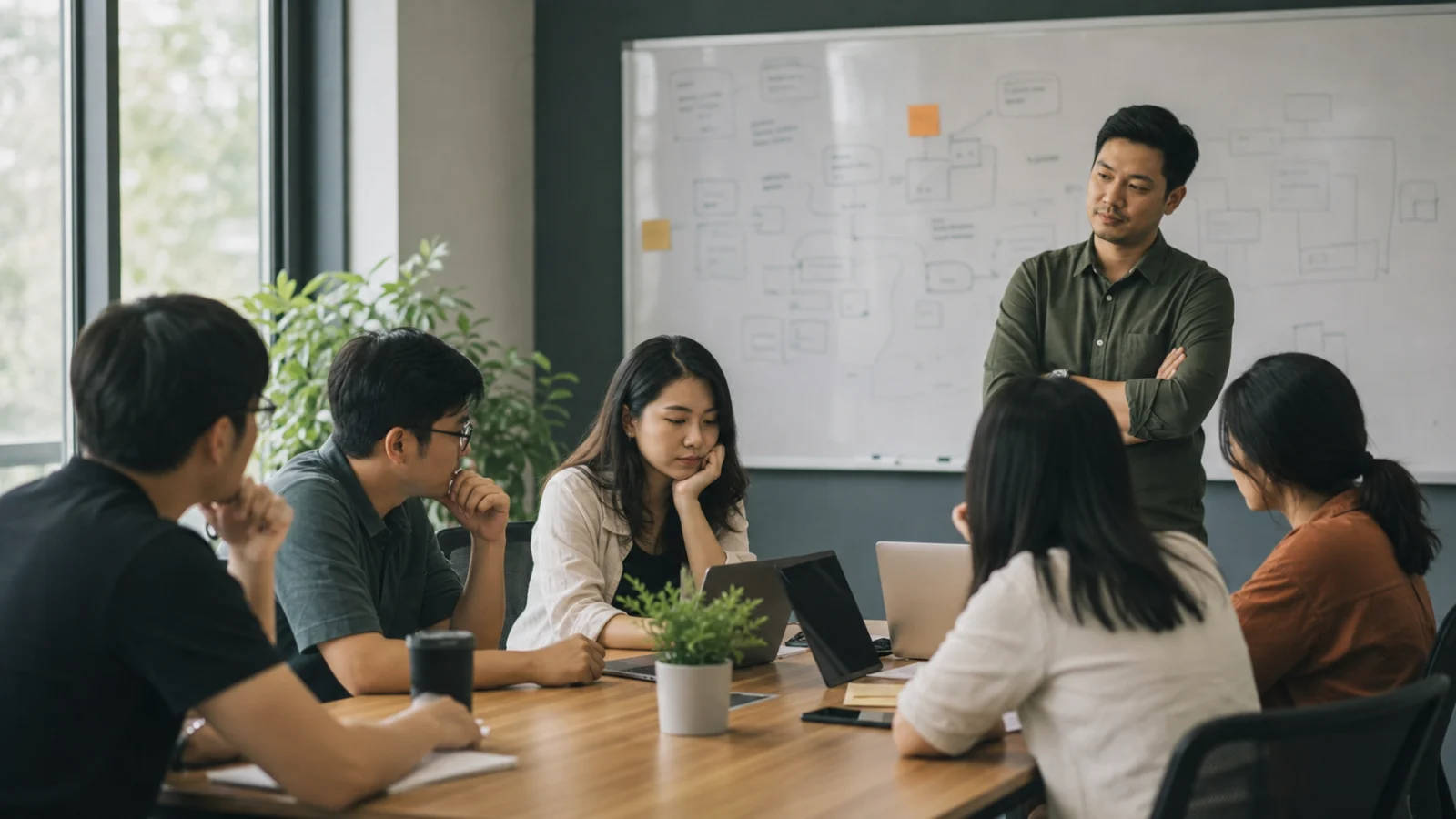 Một team ngồi yên sau một câu hỏi khó, trong khi facilitator xem sự im lặng như một tín hiệu cần hiểu.
