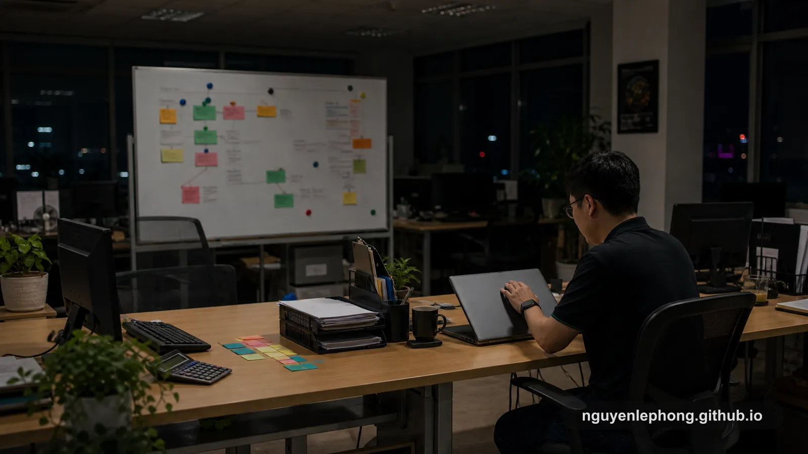 Một văn phòng muộn gần như trống giữ lại project board cũ kỹ trong khi một engineer đóng laptop chậm lại, như thể chuyển động đã thôi biến thành tiến triển.