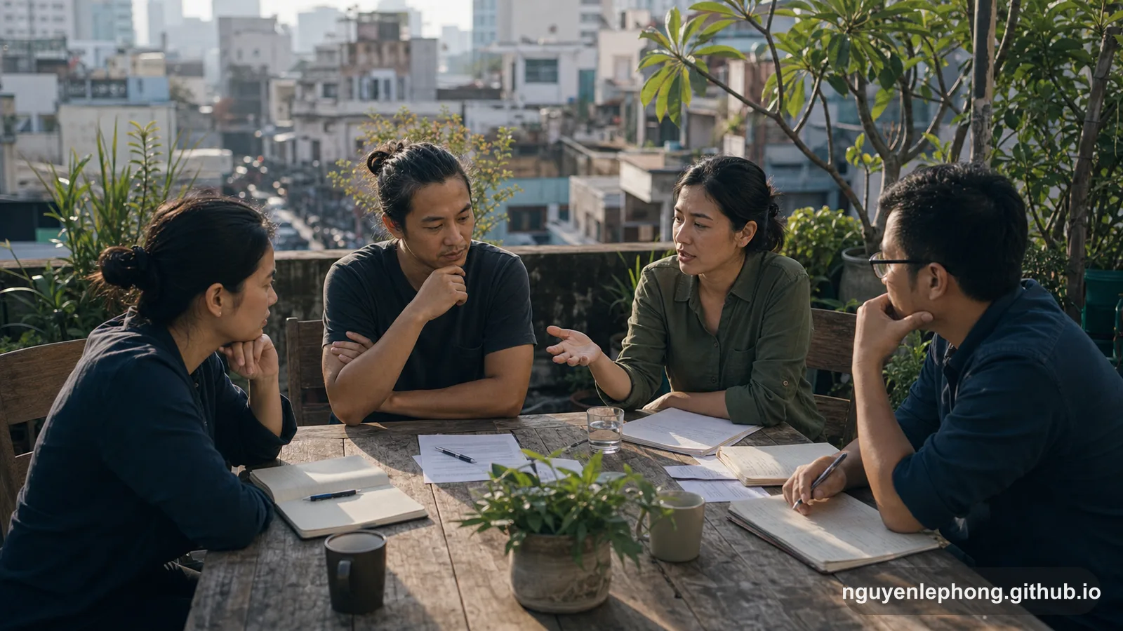 A hiring panel continues a thoughtful debrief on a rooftop terrace after a candidate has left, with notebooks open and the city behind them.