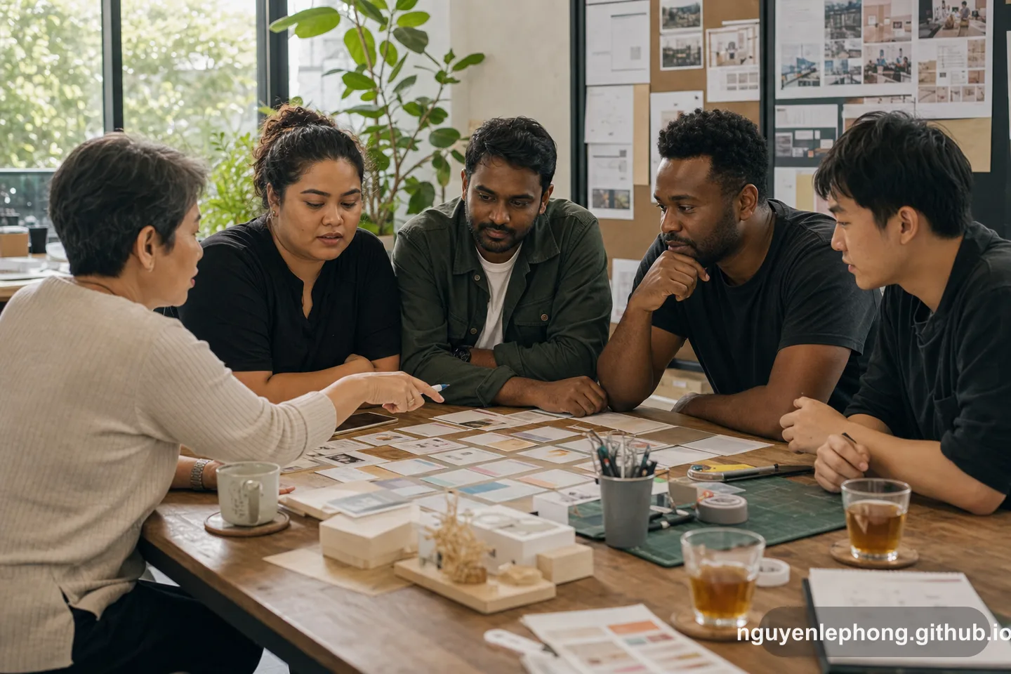 A diverse group reviews prototype cards and notes around a studio table, focusing on concrete signals instead of vague impressions.