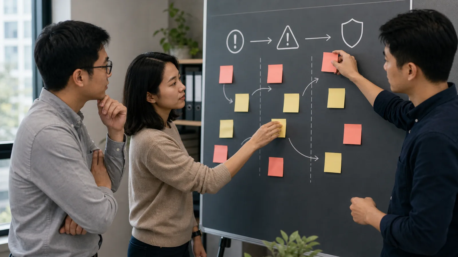 Một team đặt sticky note đỏ và vàng trống lên risk board với mũi tên và icon đơn giản.