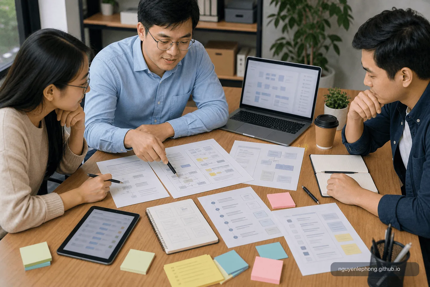 Một team sắp xếp các artifact documentation bị làm mờ như README, decision record, troubleshooting note và checklist trên bàn.