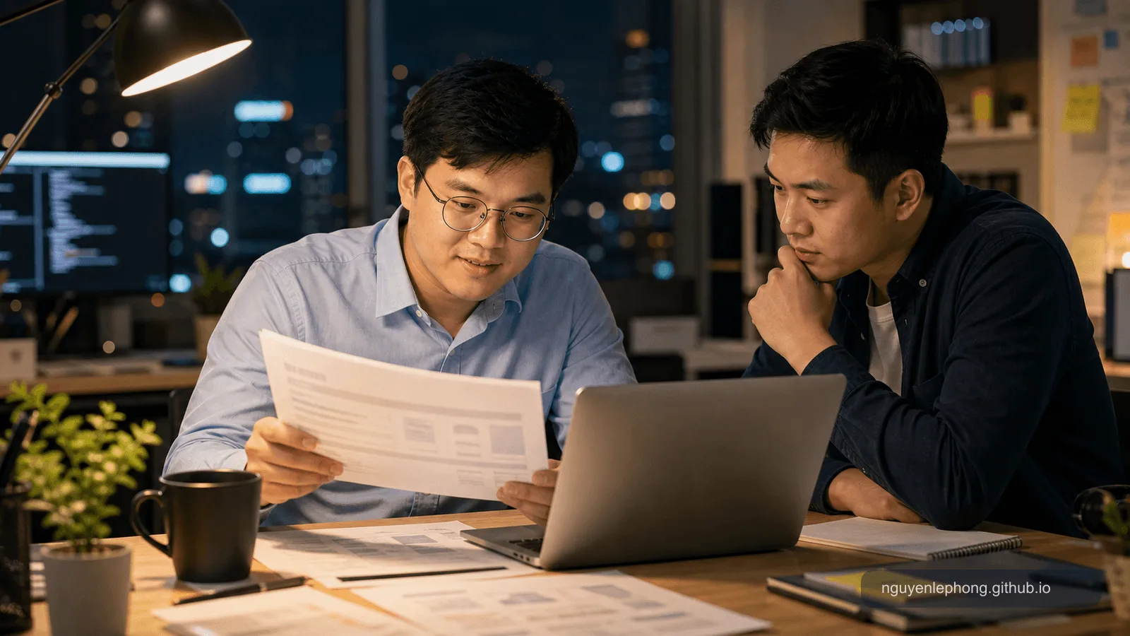 Hai engineer xem một document bị làm mờ và laptop trong lúc chuẩn bị release muộn, nhẹ nhõm vì tìm lại được context production.