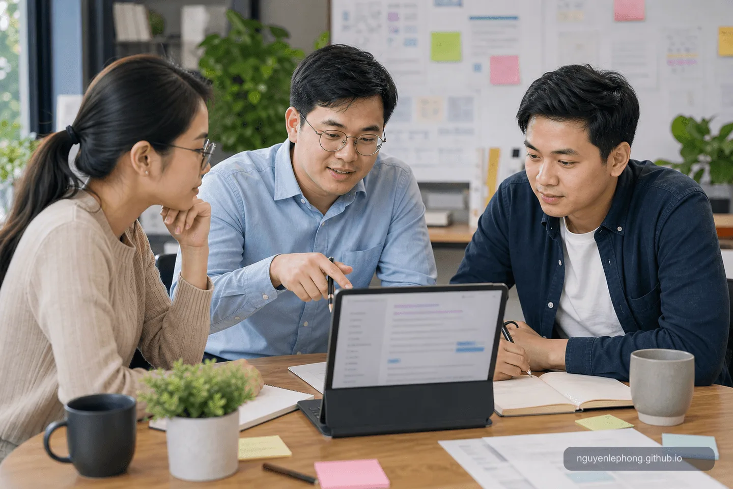 Ba teammate cùng xem một trang documentation bị làm mờ, chia sẻ context mà không phụ thuộc vào trí nhớ của một người.