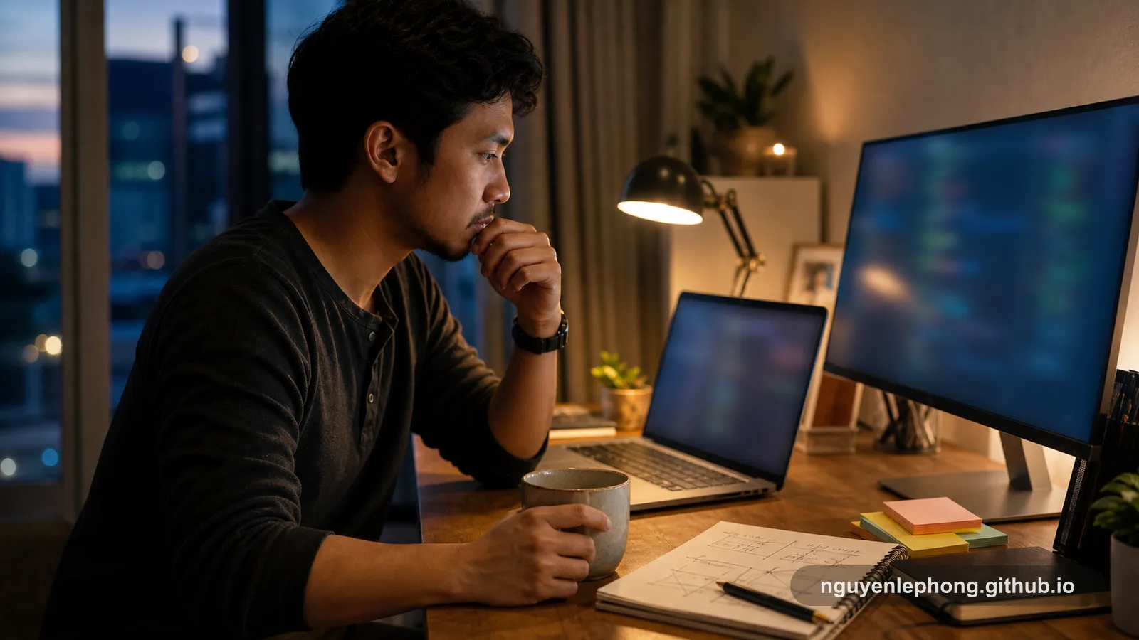 A reflective engineer studies blurred code on two screens beside a late-night coffee and notebook after over-polishing a change.