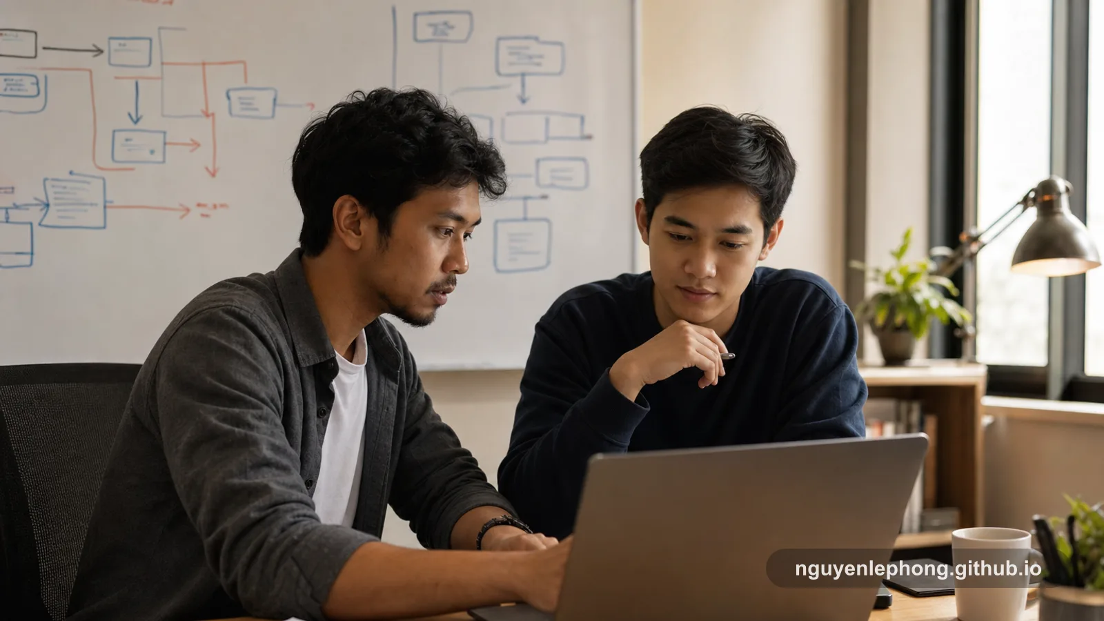 Two engineers review a change together in front of a whiteboard, keeping the design visible while they discuss the next step.