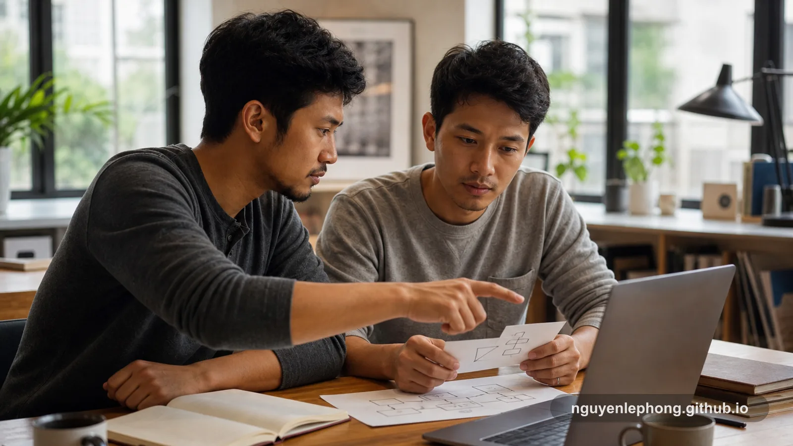 Two engineers compare simple flow sketches beside a laptop while discussing how a change will be understood by the next reader.