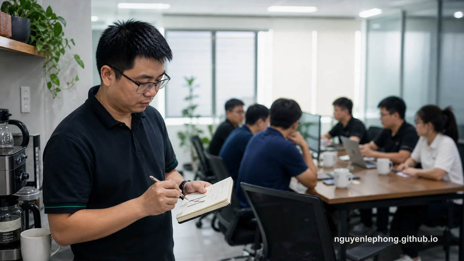 A software professional crosses out notebook lines beside a slow coffee machine while a meeting gathers softly in the background.