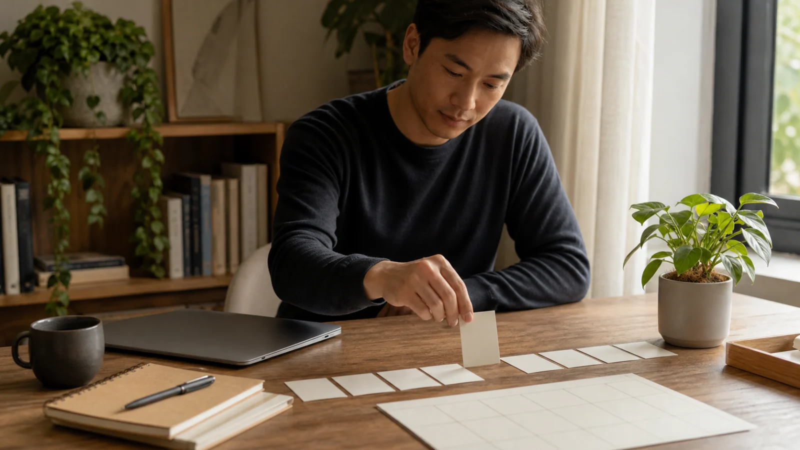A person adds one more blank card to a quiet row of small work markers on a morning desk.