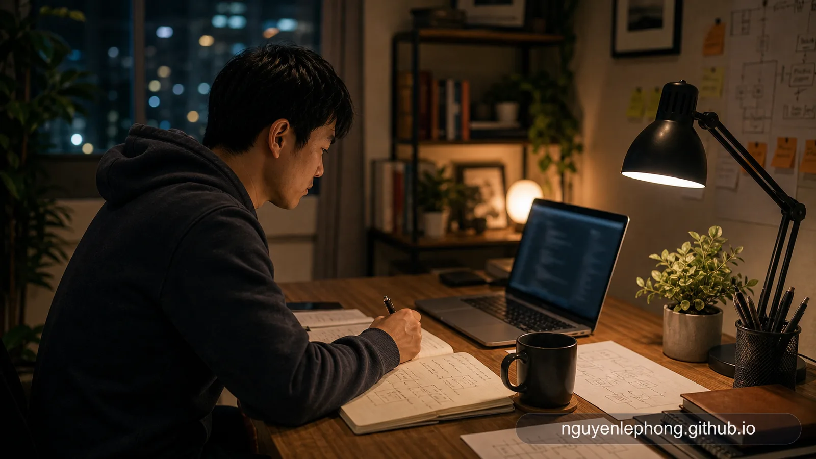 Một developer ngồi một mình ở góc bàn nhỏ sau giờ làm, vừa phác thảo vừa thử một side project tí hon trong không gian yên tĩnh ở nhà.
